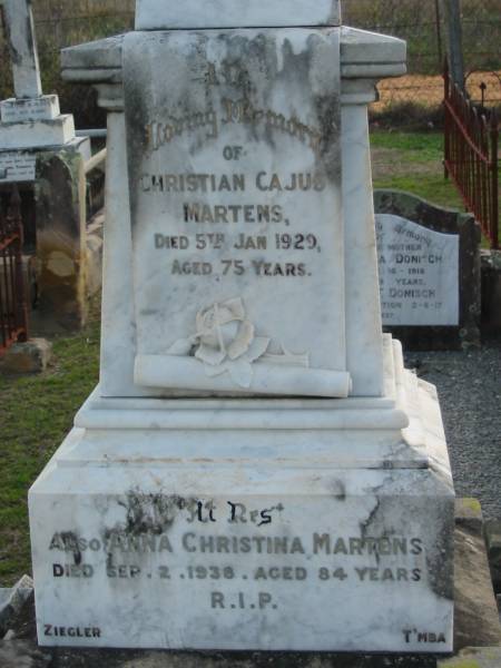 Christian Cajus MARTENS,  | died 5 Jan 1929 aged 75 years;  | Anna Christina MARTENS,  | died 2 Sept 1938 aged 84 years;  | Marburg Lutheran Cemetery, Ipswich  | 