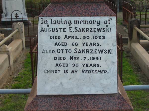 Auguste E. SAKRZEWSKI,  | died 30 April 1923 aged 68 years;  | Otto SAKRZEWSKI,  | died 7 May 1941 aged 90 years;  | Marburg Lutheran Cemetery, Ipswich  | 