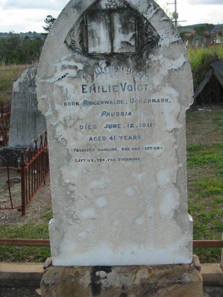 Emilie VOIGT,  | born Ringenwalde, Uokermark, Prussia,  | died 12 June 1911 aged 41 years;  | Marburg Lutheran Cemetery, Ipswich  | 