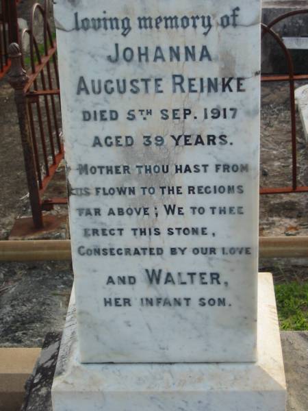 Johanna Auguste REINKE,  | died 5 Sept 1917 aged 39 years;  | Walter, her infant son;  | Marburg Lutheran Cemetery, Ipswich  | 