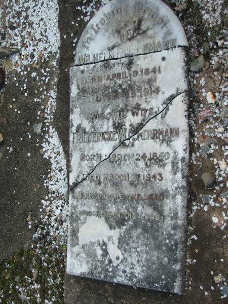 Wilhelm H. HERRMANN,  | born 9 April 1841 died 15 Sept 1914;  | Friedericke W.A. HERRMANN, wife,  | born 24 March 1850 died 27 March 1943;  | Wilhelm Heinrich HERRMANN,  | born 8 April 1841 died 15 Sept 1914;  | Marburg Lutheran Cemetery, Ipswich  | 