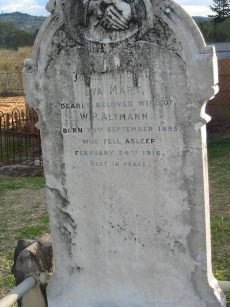 Eva Mary, wife of W.P. ALTMANN,  | born 23 Sept 1895 died 24 Feb 1916;  | Marburg Lutheran Cemetery, Ipswich  | 