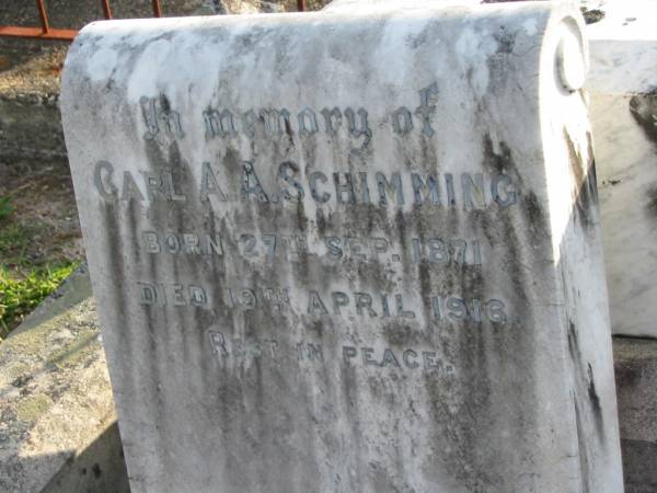 Carl A.A. SCHIMMING,  | born 27 Sept 1871 died 19 April 1916;  | Marburg Lutheran Cemetery, Ipswich  | 