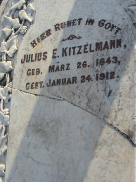 Julius E. KITZELMANN,  | born 26 March 1843 died 24 Jan 1912;  | Marburg Lutheran Cemetery, Ipswich  | 