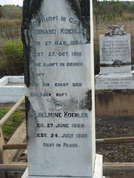 Ferdinand KOEHLER,  | born 27 March 1854 died 27 Oct 1919;  | Wilhelmine KOEHLER,  | born 27 June 1859 died 24 July 1925;  | Marburg Lutheran Cemetery, Ipswich  | 