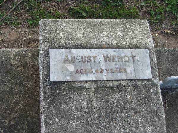 August WENDT,  | aged 42 years;  | Marburg Lutheran Cemetery, Ipswich  | 