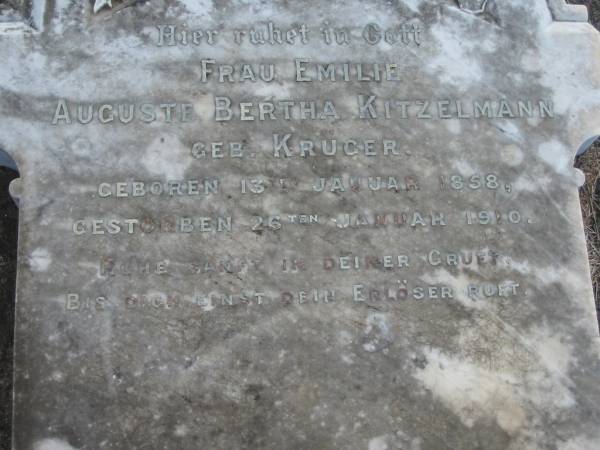Frau Emilie Auguste Bertha KITZELMANN, nee KRUGER,  | born 13 Jan 1858 died 26 Jan 1910;  | Marburg Lutheran Cemetery, Ipswich  | 