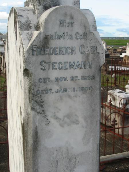 Johanna STEGEMANN, nee KLEWE,  | born 19 March 1857 died 19 March 1909;  | Friederich Carl STEGEMANN,  | born 27 Nov 1892 died 11 Jan 1909;  | Marburg Lutheran Cemetery, Ipswich  | 