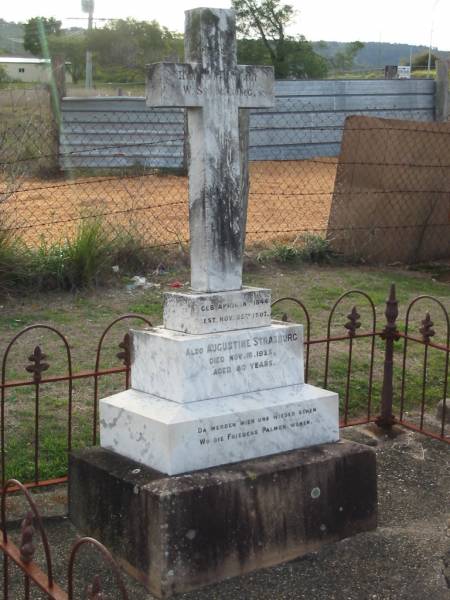 W. STRASBURG,  | born 18 April 1844 died 25 Nov 1907;  | Augustine STRASBURG,  | died 16 Nov 1925 aged 80 years;  | Marburg Lutheran Cemetery, Ipswich  | 