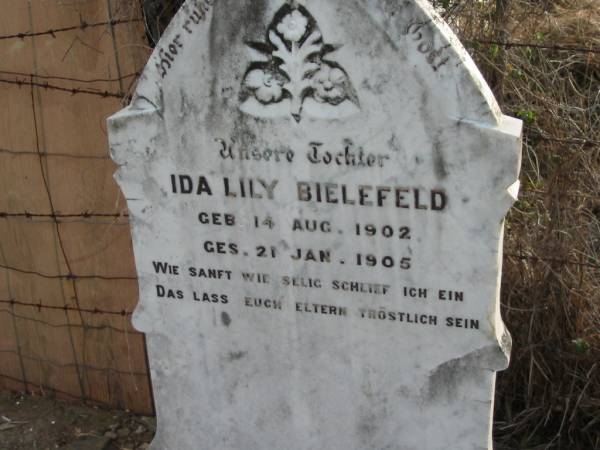 Ida Lily BIELEFELD, daughter,  | born 14 Aug 1902 died 21 Jan 1905;  | Marburg Lutheran Cemetery, Ipswich  | 