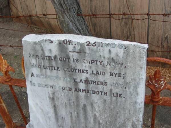 Eva Augusta VOSS,  | born 11 Nov 1904 died 23 Oct? 1908;  | Marburg Lutheran Cemetery, Ipswich  | 