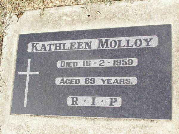 Kathleen MOLLOY,  | died 16-2-1959 aged 69 years;  | Woodlands cemetery, Marburg, Ipswich  | 