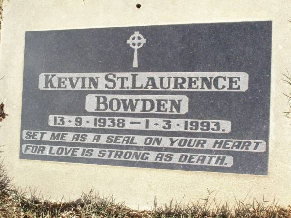 Kevin St Laurence BOWDEN,  | 13-9-1938 - 1-3-1993;  | Woodlands cemetery, Marburg, Ipswich  | 