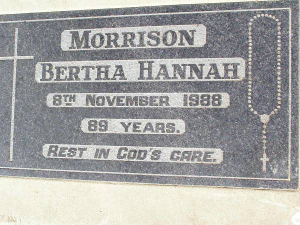 Bertha Hannah MORRISON,  | died 8 Nov 1988 aged 89 years;  | Woodlands cemetery, Marburg, Ipswich  | 