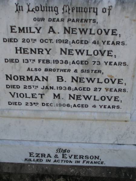 parents;  | Emily A. NEWLOVE,  | died 20 Oct 1912 aged 41 years;  | Henry NEWLOVE,  | died 13 Feb 1938 aged 73 years;  | brother & sister;  | Norman B. NEWLOVE,  | died 25 Jan 1938 aged 27 years;  | Violet M. NEWLOVE,  | died 23 Dec 1906 aged 4 years;  | Ezra & Everson,  | killed in action in France;  | Maroon General Cemetery, Boonah Shire  | 