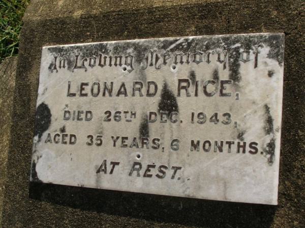 Leonard PRICE,  | died 26 Dec 1943 aged 35 years 6 months;  | Maroon General Cemetery, Boonah Shire  | 