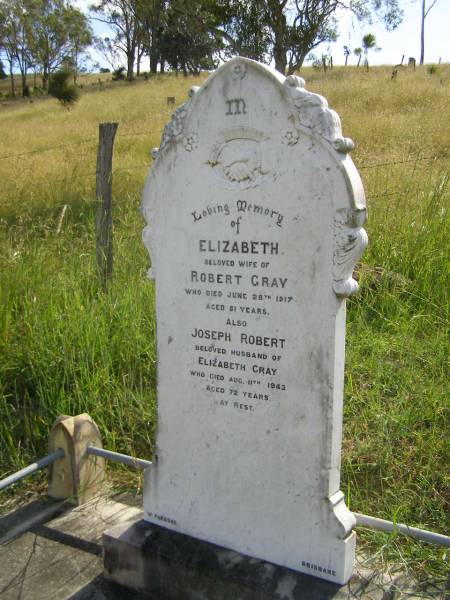 Elizabeth,  | wife of Robert GRAY,  | died 28 June 1917 aged 51 years;  | Joseph Robert,  | husband of Elizabeth GRAY,  | died 11 Aug 1943 aged 72 years;  | Maroon General Cemetery, Boonah Shire  | 