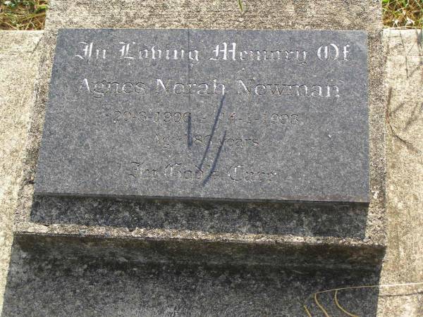 Agnes Norah NEWMAN,  | 20-3-1906 - 14-1-1993 aged 86 years;  | Maroon General Cemetery, Boonah Shire  | 