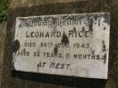 Leonard PRICE, died 26 Dec 1943 aged 35 years 6 months; Maroon General Cemetery, Boonah Shire 