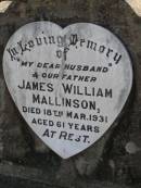James William MALLISON, husband father, died 18 Mar 1931 aged 61 years; Maroon General Cemetery, Boonah Shire 