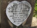 Frederick Harold MALLINSON, son, died 7 Jan 1939 aged 6 years 6 months; Maroon General Cemetery, Boonah Shire 