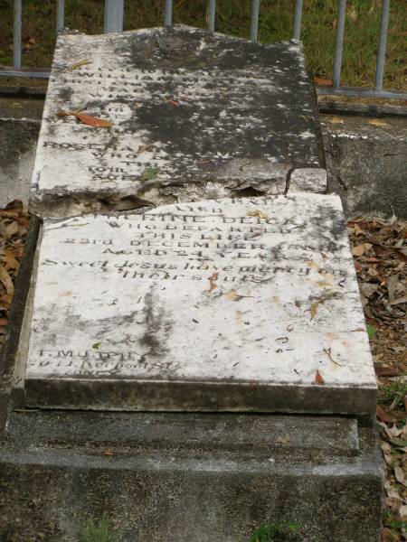 William MCADAM,  | first chief constable Maryborough,  | died 9 March 1864 aged 70? years;  | Rosehannah MCADAM,  | died 10 March aged 7? years;  | Catherine? DEIGAN,  | died 23 Dec 1860 aged 24 years;  | Pioneer Cemetery, Maryborough  |   | 
