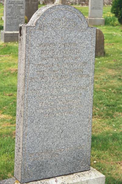 Mary LOCKIE  | d: Darnick 21 Feb 1910 aged 47  | wife of Thomas B AITCHISON  |   |   | Thomas B AITCHISON  | d: 2 Nov 1952 aged 87  | husband of Ellen Jessima  |   | Melrose cemetery, Roxburgshire, Scotland  |   |   | 