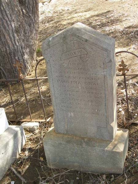 Paulina GRAF,  | died 20 Jan 1893;  | Gottfried GRAF,  | husband father,  | died 13 March 1923 aged 66 years,  | native of Switzerland;  | Norman Denis GRAF,  | son,  | killed in action 1 Sept 1918 aged 20 years;  | Meringandan cemetery, Rosalie Shire  | 