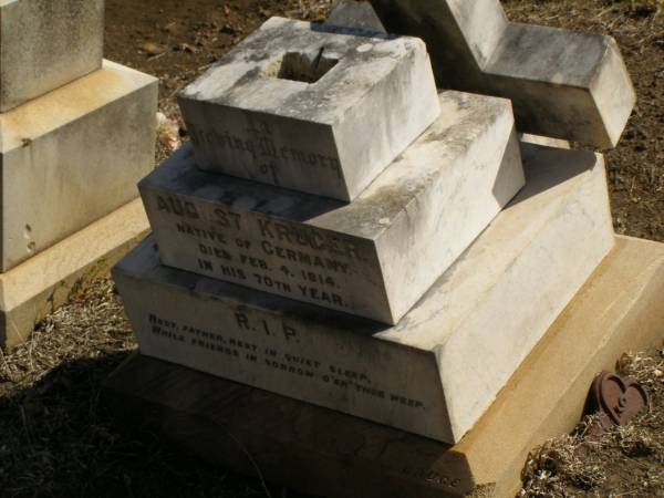 August KRUGER,  | native of Germany,  | died 4 Feb 1914 in 70th year;  | Meringandan cemetery, Rosalie Shire  | 