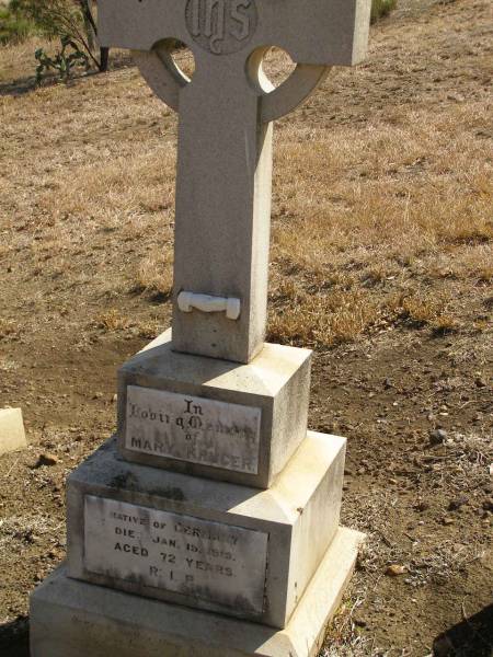 Mary KRUGER,  | native of Germany,  | died 15 Jan 1919 aged 72 years;  | Meringandan cemetery, Rosalie Shire  | 