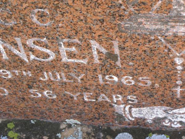 Eric C. JENSEN,  | husband father,  | died 9 July 1965 aged 56 years;  | Meringandan cemetery, Rosalie Shire  | 