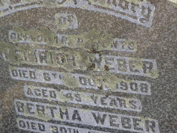 parents;  | Heinrich WEBER,  | died 6 Oct 1908 aged 45 years;  | Bertha WEBER,  | died 30 July 1856 aged 83 years;  | Frederick,  | brother,  | died 6 June 1910 aged 10 years;  | Meringandan cemetery, Rosalie Shire  | 