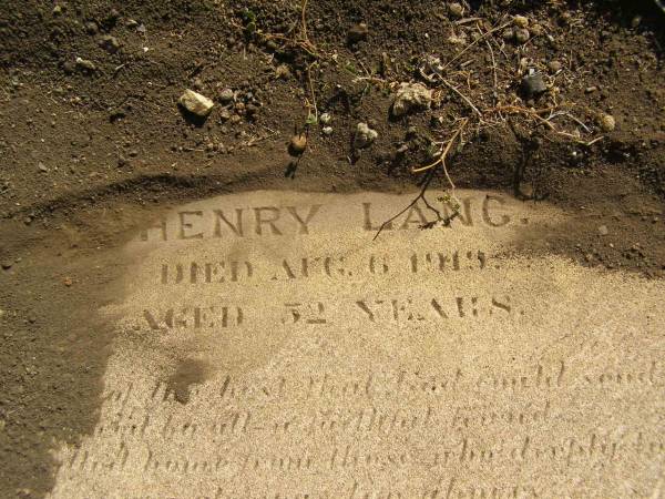 Henry LANG,  | died 6 Aug 1919 aged 52 years;  | Meringandan cemetery, Rosalie Shire  | 