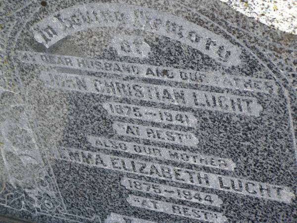 Christian LUCHT,  | husband father,  | 1875 - 1941;  | Emma Elizabeth LUCHT,  | mother,  | 1875 - 1944;  | Meringandan cemetery, Rosalie Shire  | 