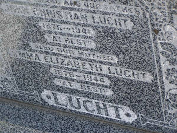 Christian LUCHT,  | husband father,  | 1875 - 1941;  | Emma Elizabeth LUCHT,  | mother,  | 1875 - 1944;  | Meringandan cemetery, Rosalie Shire  | 