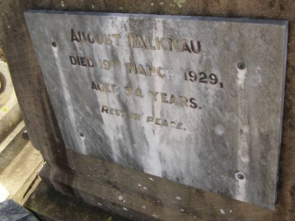 August FALKNAU,  | died 19 March 1929 aged 74 years;  | Meringandan cemetery, Rosalie Shire  | 