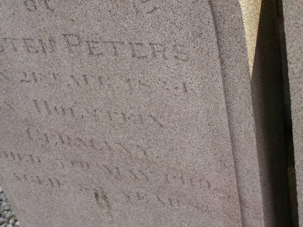 Karsten PETERS,  | born 21 Aug 1834? Holstein Germany,  | died 3 May 1919 aged 84 years;  | Elsie Catarina PETERS,  | born 18?4 Holstein Germany,  | died 1 May 1891 aged 37 years;  | Meringandan cemetery, Rosalie Shire  | 