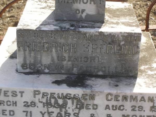 Friedrich SPERLING (senior),  | husband father,  | born Pachollen West Preussen Germany 28 March 1839,  | died 29 Aug 1910 aged 71 years 5 months;  | Maria SPERLING,  | wife,  | native of West Preussen Germany,  | died 16 Aug 1929 in 88th year;  | Meringandan cemetery, Rosalie Shire  | 