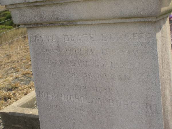 Anyta Beate BORGERT,  | born 18 Aug 1830?,  | died 23 April 1905 in 75th year;  | John Nicholas BORGERT,  | husband,  | born 3 Jan 1820,  | died 11 May 1912? aged 86 years;  | John Nicholas BORGERT,  | son,  | born 23 May 1858,  | died 12 May 1912?;  | Meringandan cemetery, Rosalie Shire  | 