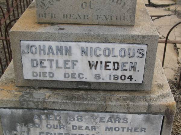 Johann Nicolous Detleft WIEDEN,  | father,  | died 8 Dec 1904 aged 98 years;  | Abel Friedericke WIEDEN,  | mother,  | died 26 Sept 1907 aged 68 years;  | natives of Hemmingstedt Germany;  | Deleft Nicolous Christian WIEDEN,  | son,  | died 5 Dec 1901 aged 28 years;  | Meringandan cemetery, Rosalie Shire  | 