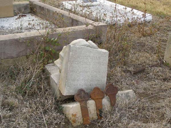 Christian Frederick KRUGER,  | native of Gorkem??? Germany  | died 1 ??? 1901 aged 72 years 5 months;  | Meringandan cemetery, Rosalie Shire  | 