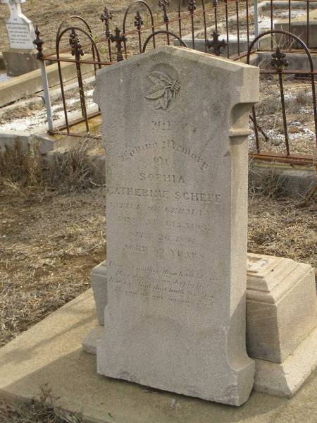 Sophia Catherine SCHEFE,  | native of Germany,  | died Glencoe 26 Sept 1894 aged 30? [50?] years;  | Meringandan cemetery, Rosalie Shire  | 