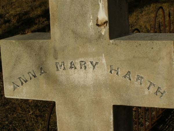 John HARTH,  | native of Frankfort Germany,  | died 9 July 1880 aged 42 years;  | Anna Mary HARTH,  | daughter,  | died 1 Jan 1881 aged 9 months;  | Meringandan cemetery, Rosalie Shire  | 