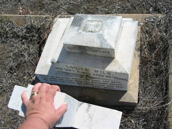 Louisa WILD,  | mother,  | died 7 Sept 1907 aged 64 years;  | Meringandan cemetery, Rosalie Shire  | 
