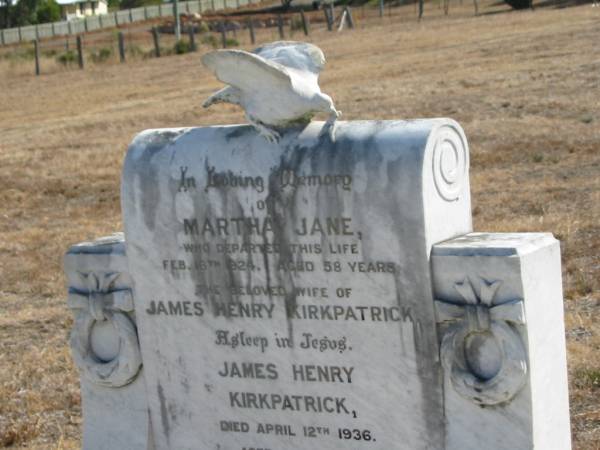 Martha Jane,  | wife of James Henry KIRKPATRICK,  | died 16 Feb 1924 aged 58 years;  | James Henry KIRKPATRICK.  | died 12 April 1936 aged 75 years;  | Grandma CHORLTON,  | died 2 July 1928 aged 97 years;  | Meringandan cemetery, Rosalie Shire  | 