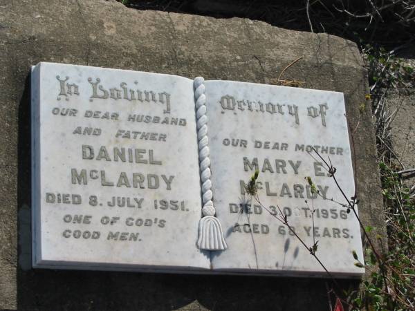 Daniel MCLARDY,  | husband father,  | died 8 July 1951;  | Mary E. MCLARDY,  | mother,  | died 3 Oct 1956 aged 68 years;  | Meringandan cemetery, Rosalie Shire  | 