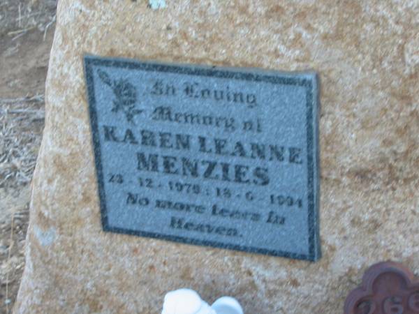 Karen Leanne MENZIES,  | 23-12-1979? - 13-6-1994;  | Meringandan cemetery, Rosalie Shire  | 