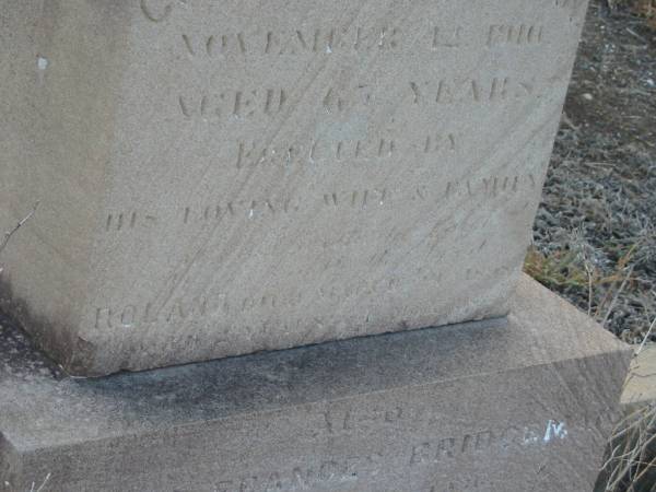 Charles BRIDGEMAN,  | father,  | died 14? Nov 1916? aged 65 years,  | erected by wife & family;  | Roland [unreadable];  | Myrah Frances BRIDGEMAN,  | mother,  | [unreadable];  | Meringandan cemetery, Rosalie Shire  | 