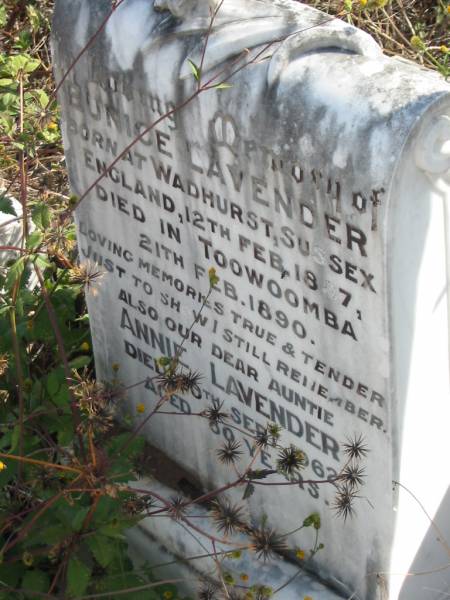Eunice LAVENDER,  | born Wadhurst Sussex England 12 Feb 1887,  | died Toowoomba 21 Feb 1890;  | Annie LAVENDER,  | auntie,  | died 20 Sept 1962 aged 80 years;  | Meringandan cemetery, Rosalie Shire  | 