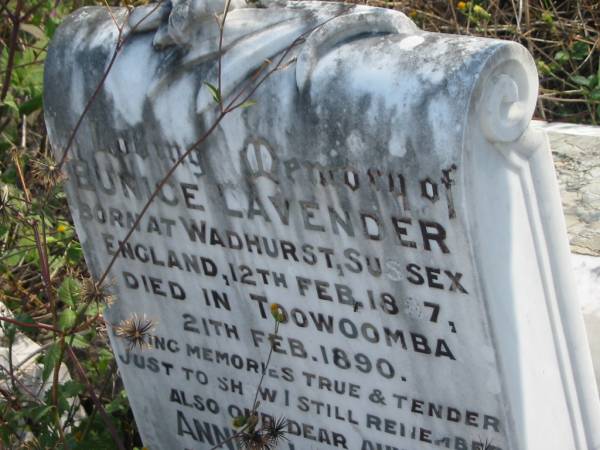 Eunice LAVENDER,  | born Wadhurst Sussex England 12 Feb 1887,  | died Toowoomba 21 Feb 1890;  | Annie LAVENDER,  | auntie,  | died 20 Sept 1962 aged 80 years;  | Meringandan cemetery, Rosalie Shire  | 